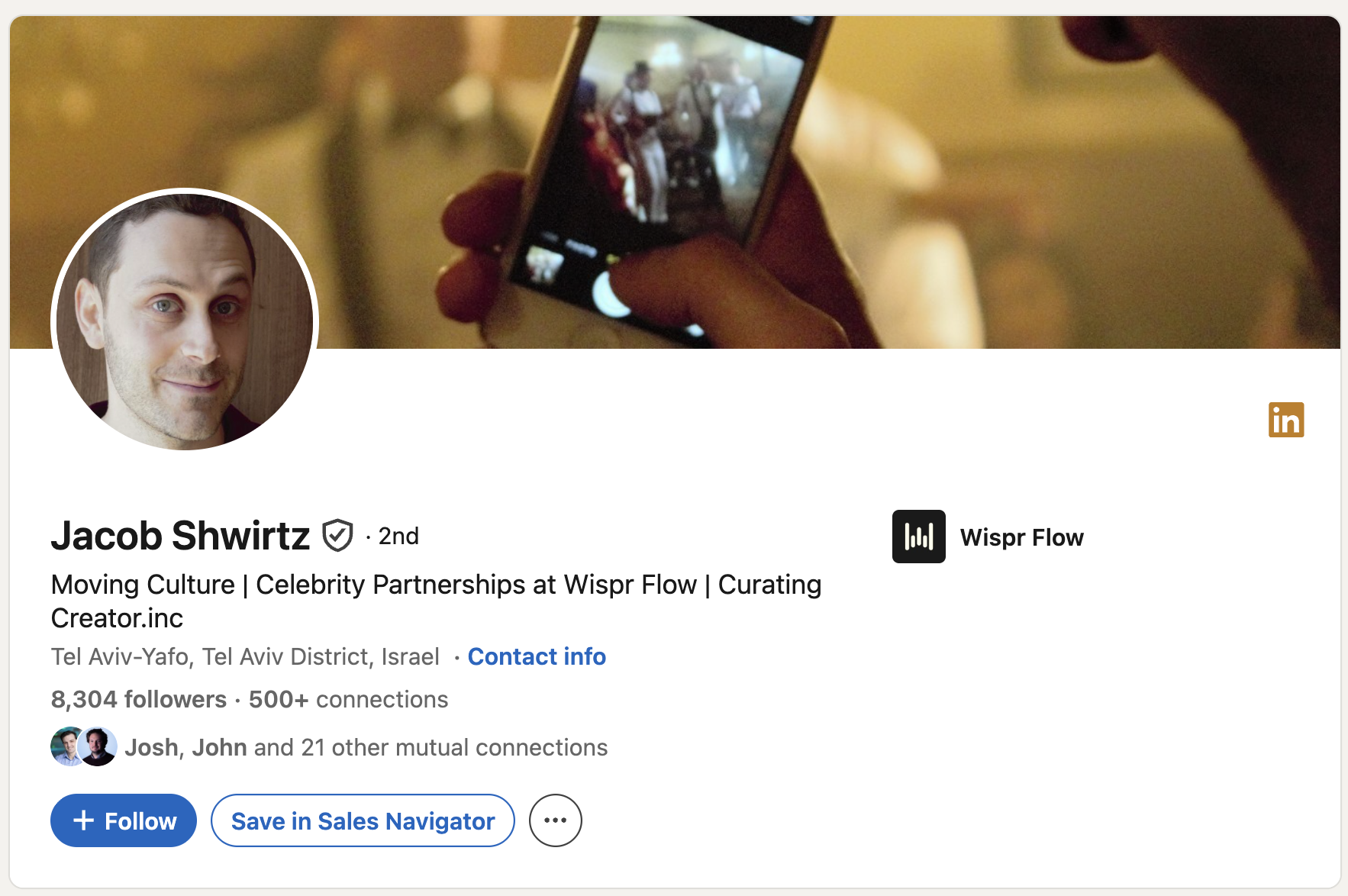 Jacob Shwirtz's LinkedIn profile: Celebrity Partnerships at Wispr Flow